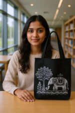 Eco-Friendly Black Tote Bag | Tribal Elephant & Tree Graphic for Everyday Use - Image 4