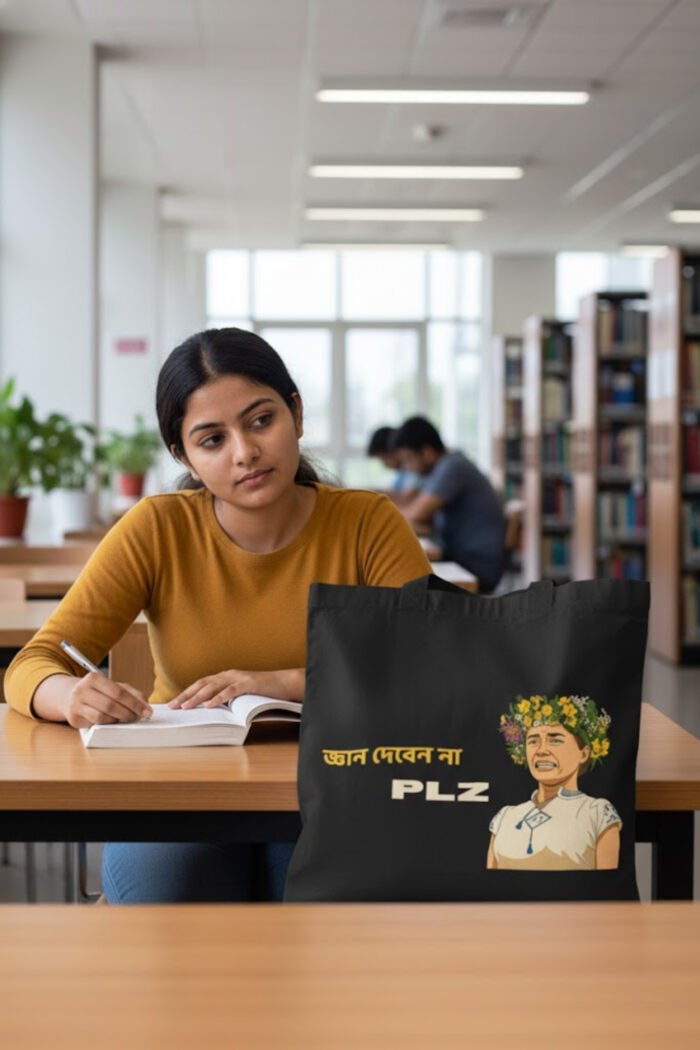 "গ্যান দেবেন না PLZ" Black Canvas Tote Bag | No Unwanted Advice Bengali Slogan for Gen Z Women - Image 4
