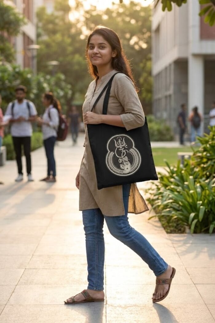 "Ganesha Om Trishul" Tote Bag | Embroidery-Look Hindu Symbol Design - Image 2