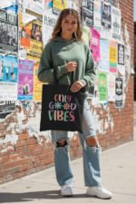 Black Canvas Tote | Cute Aesthetic “Only Good Vibes” Design for Daily Use - Image 4