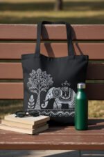 Eco-Friendly Black Tote Bag | Tribal Elephant & Tree Graphic for Everyday Use - Image 5