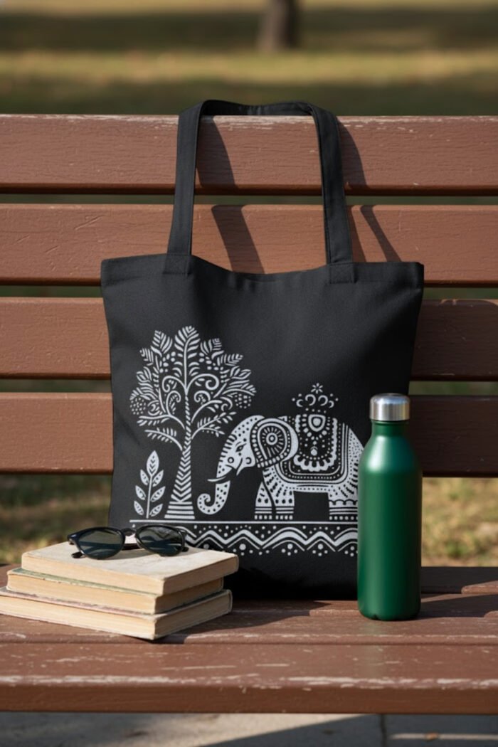 Eco-Friendly Black Tote Bag | Tribal Elephant & Tree Graphic for Everyday Use - Image 5