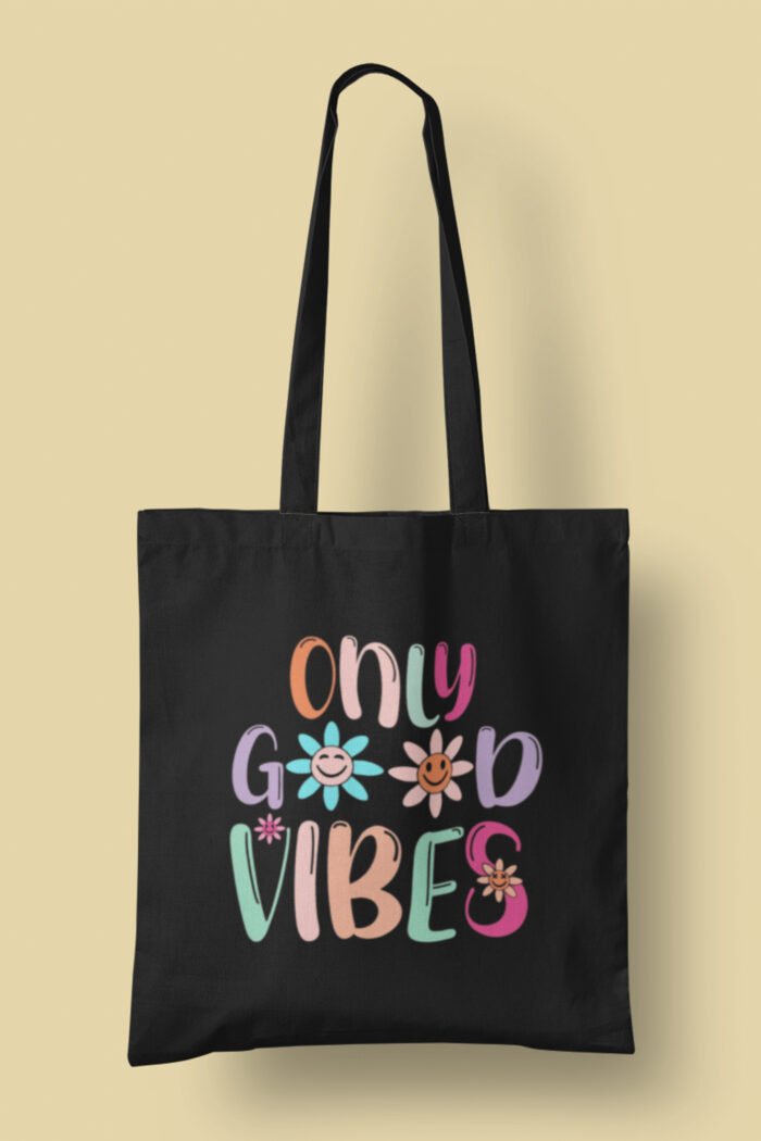 free-image-resizer-cropper Black Canvas Tote | Cute Aesthetic “Only Good Vibes” Design for Daily Use - Image 1