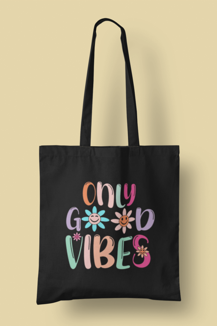 Black Canvas Tote | Cute Aesthetic “Only Good Vibes” Design for Daily Use - Image 4