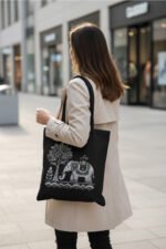 Eco-Friendly Black Tote Bag | Tribal Elephant & Tree Graphic for Everyday Use - Image 6