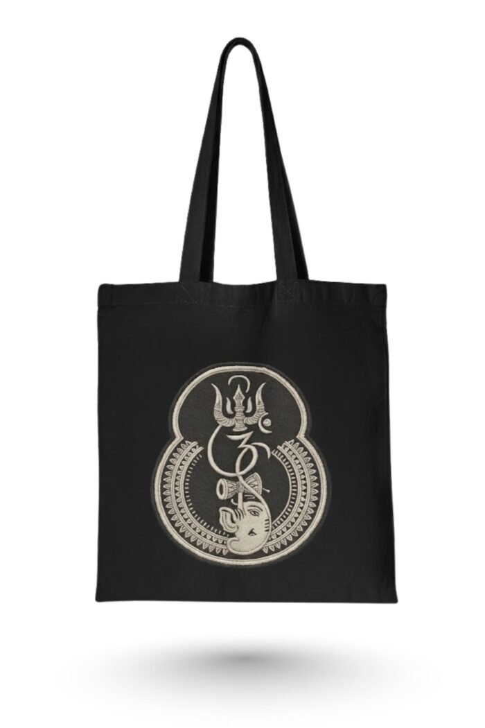 main image "Ganesha Om Trishul" Tote Bag | Embroidery-Look Hindu Symbol Design - Image 1