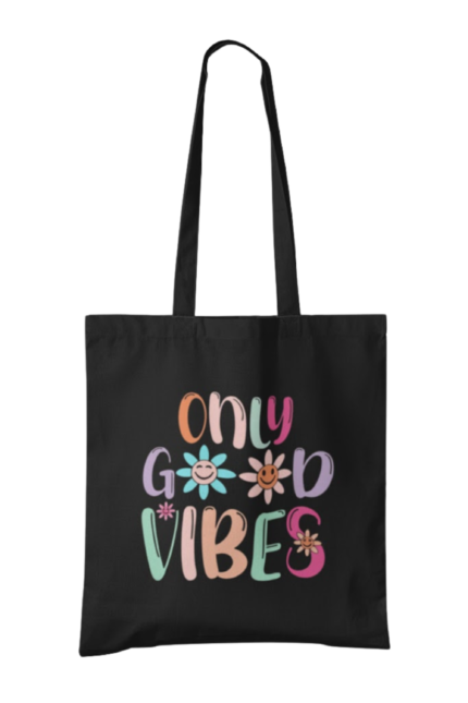 Black canvas tote bag with "Only Good Vibes" colorful retro text and smiley flower graphics – cute aesthetic daily carry bag