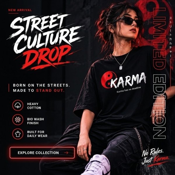 StiloTee Street Culture Drop promotional banner featuring a model in a black cotton Karma graphic streetwear t-shirt.