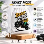 Product features infographic for the Stilotee beast mode heavy duty canvas drawstring bag.