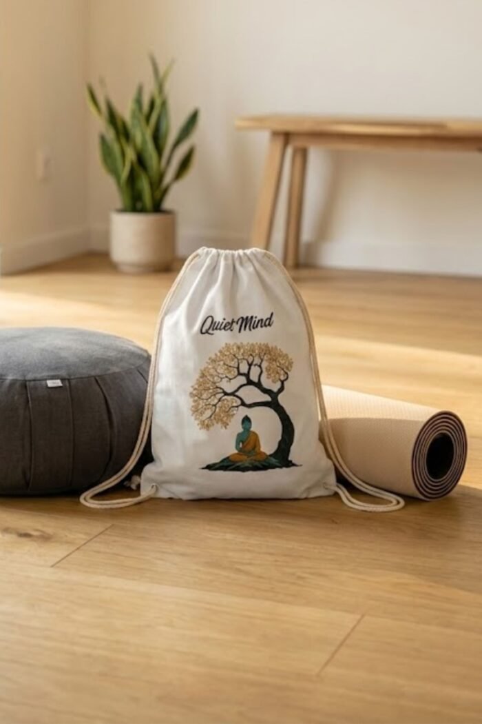 Stilotee white canvas drawstring backpack featuring a meditating Buddha illustration under a golden Bodhi tree with Quiet Mind typography