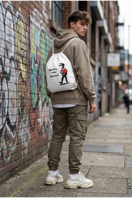 Model from behind wearing the Stilotee white canvas gym sackpack with abstract emotional lonely boy graphic print near a brick wall