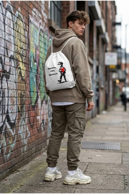 Home Fashion-color 92 Model from behind wearing the Stilotee white canvas gym sackpack with abstract emotional lonely boy graphic print near a brick wall