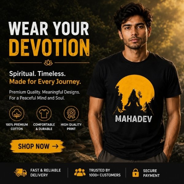 StiloTee Wear Your Devotion promotional banner showcasing a male model in a black cotton Mahadev graphic spiritual t-shirt.