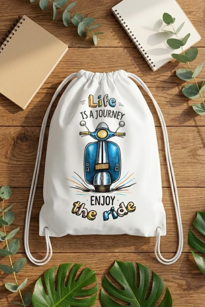 Back view of a person walking outdoors wearing the Stilotee white canvas drawstring bag with a colorful moped design