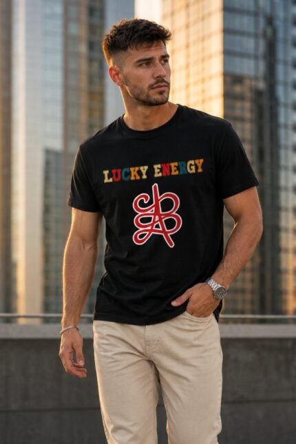Close-up mockup of a man wearing the premium cotton Lucky Energy Streetwear Tee showing the red lucky knot print.