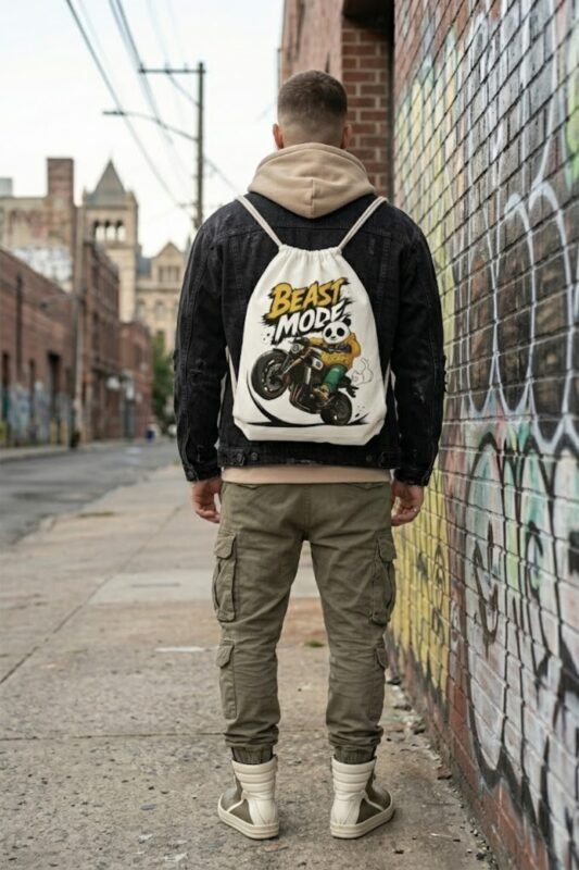Home Fashion-color 90 Urban streetwear look featuring a man wearing a black hoodie and a canvas drawstring bag with a panda motorcycle graphic.