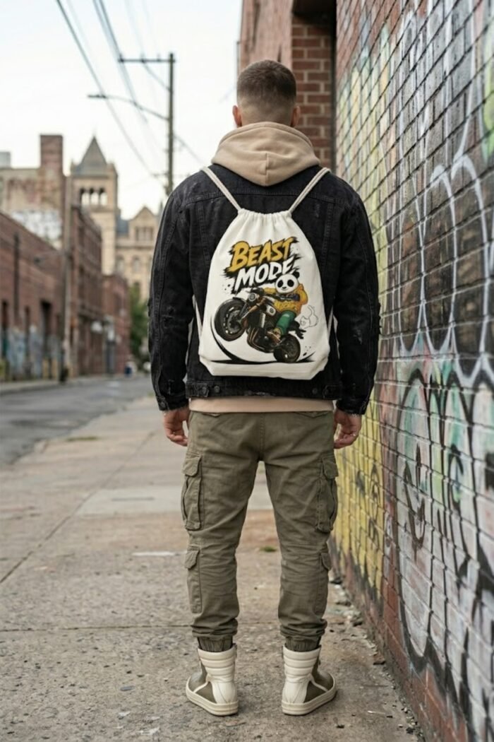 Urban streetwear look featuring a man wearing a black hoodie and a canvas drawstring bag with a panda motorcycle graphic.