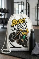 Premium cotton canvas cinch backpack displaying a bold yellow beast mode graphic with a motorcycle riding panda.