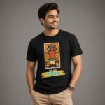 Male model wearing a black Stilotee graphic t-shirt from the Ray's World collection