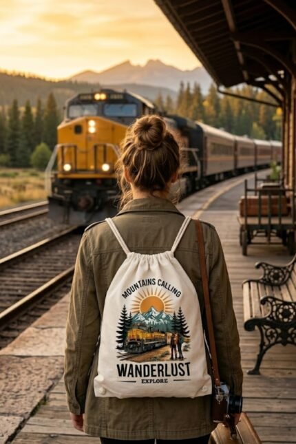Backpacker wearing a canvas drawstring bag standing near vintage train tracks