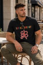 A male model wearing the Lucky Energy Streetwear Tee by Stilotee in an outdoor casual setting.