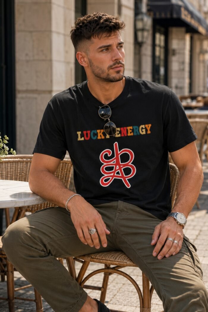A male model wearing the Lucky Energy Streetwear Tee by Stilotee in an outdoor casual setting.