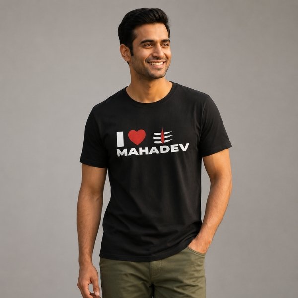 Male model wearing a black Stilotee graphic t-shirt with an I Love Mahadev print from the Devine Bliss collection