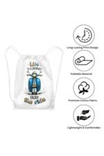 Stilotee white canvas drawstring bag feature highlights infographic showing premium cotton fabric properties