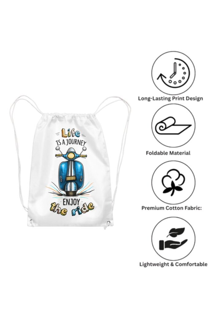 Stilotee white canvas drawstring bag feature highlights infographic showing premium cotton fabric properties