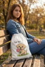 Side view of a person walking in a park carrying a Stilotee white cotton drawstring backpack with a kawaii puppy graphic