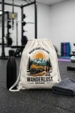Off-white canvas drawstring bag with Mountains Calling wanderlust print next to a camera