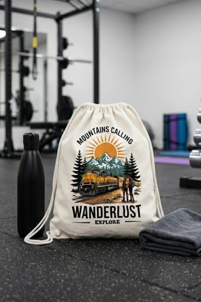 Off-white canvas drawstring bag with Mountains Calling wanderlust print next to a camera