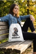 Model sitting outdoors showcasing Stilotee white canvas drawstring backpack with urban street fashion graphic