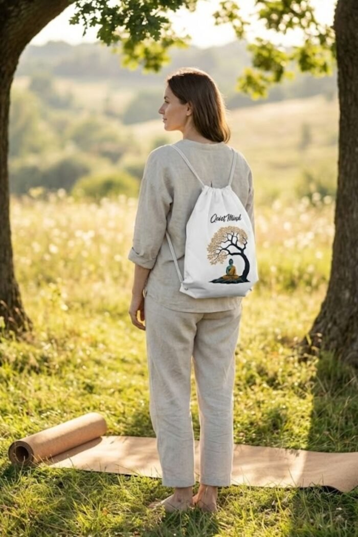 Model from behind wearing the Stilotee white canvas drawstring backpack with Zen Buddha design near an urban concrete wall