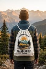 Wanderlust traveler carrying an eco friendly canvas drawstring bag looking at mountain peaks