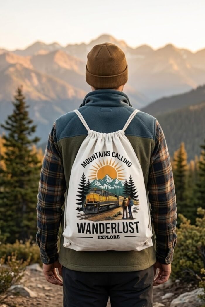 Wanderlust traveler carrying an eco friendly canvas drawstring bag looking at mountain peaks