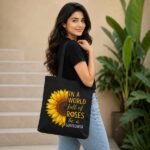 Female model carrying a black Stilotee canvas tote bag with a yellow sunflower quote design