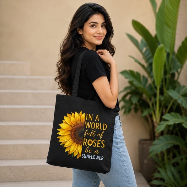 Female model carrying a black Stilotee canvas tote bag with a yellow sunflower quote design