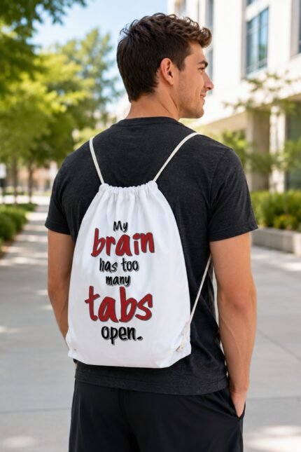 Young man in black t-shirt wearing a white canvas drawstring bag with funny tech quote