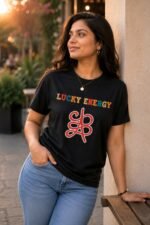 Lucky Energy Streetwear Tee in Pitch Black on a female model showcasing a premium urban lifestyle look.