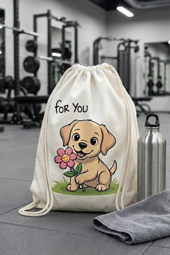 Stilotee premium white canvas drawstring bag with wholesome cartoon puppy design close up layout