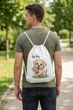 Back view of a model wearing Stilotee white canvas gym sackpack with cute cartoon puppy print outdoors