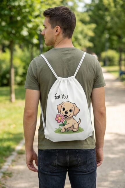 Back view of a model wearing Stilotee white canvas gym sackpack with cute cartoon puppy print outdoors