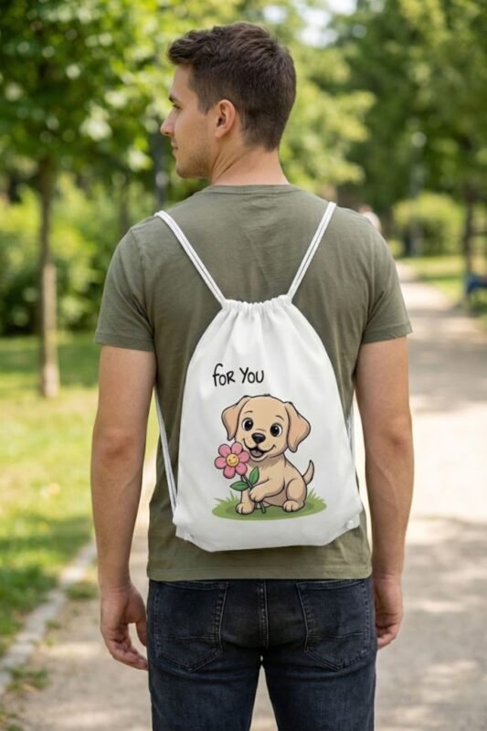 Home Fashion-color 98 Back view of a model wearing Stilotee white canvas gym sackpack with cute cartoon puppy print outdoors