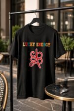 Lucky Energy Streetwear Tee displayed flat on a dark background highlighting the colorful retro graphic.