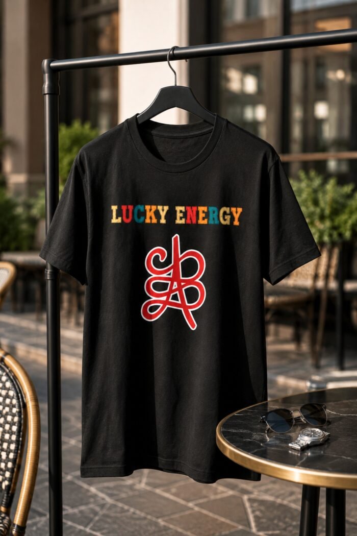 Lucky Energy Streetwear Tee displayed flat on a dark background highlighting the colorful retro graphic.