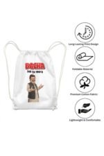 Product features and specifications layout for the premium white canvas gym sackpack with a funny Desi meme print.