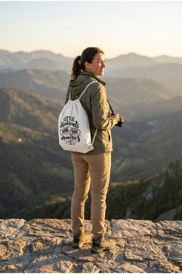 Model wearing Stilotee white cotton drawstring backpack with minimalist typography streetwear style