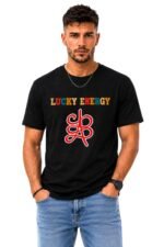 Lucky Energy zibu symbol Streetwear Tee in Pitch Black by Stilotee featuring a retro colorful typography design and a red abstract lucky knot symbol.