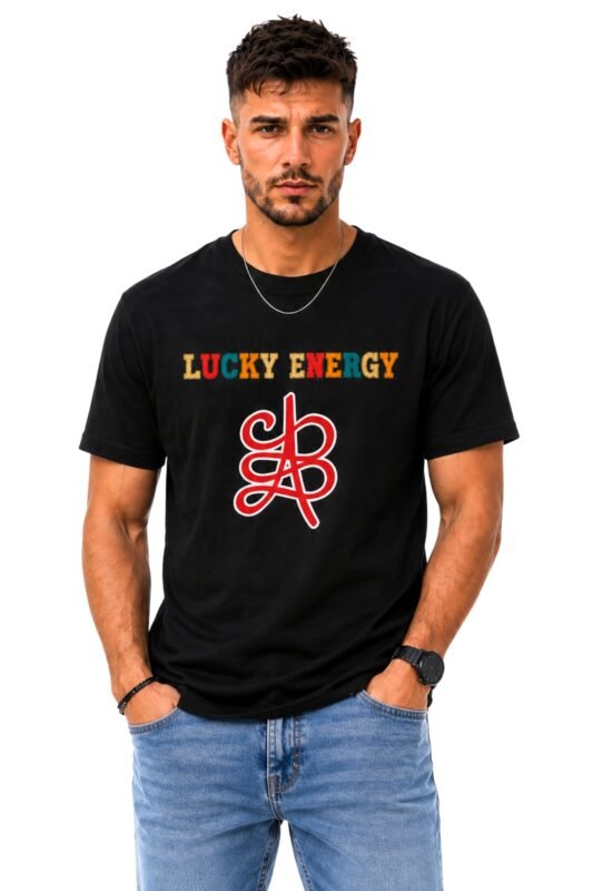 Lucky Energy zibu symbol Streetwear Tee in Pitch Black by Stilotee featuring a retro colorful typography design and a red abstract lucky knot symbol.